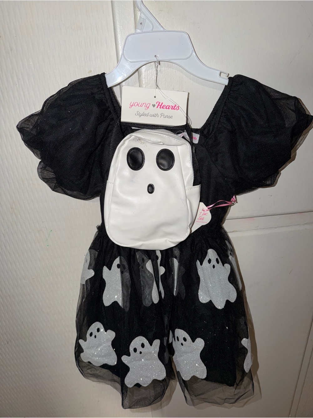Young Hearts Black Ghost Dress Costume with White Ghost Purse